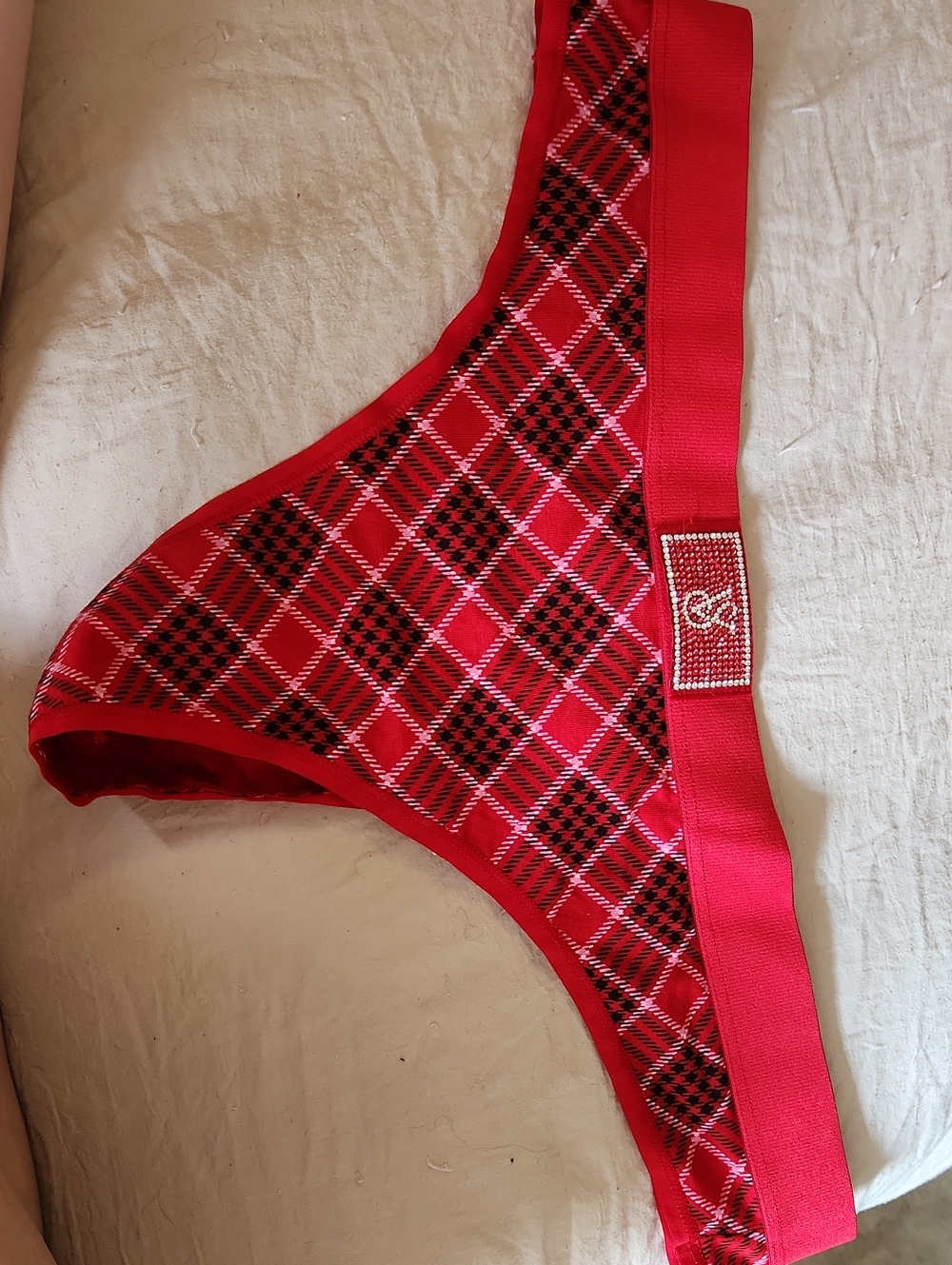 💕5/$25 Victoria's Secret Red Plaid Thong Panty with Rhinestone Logo